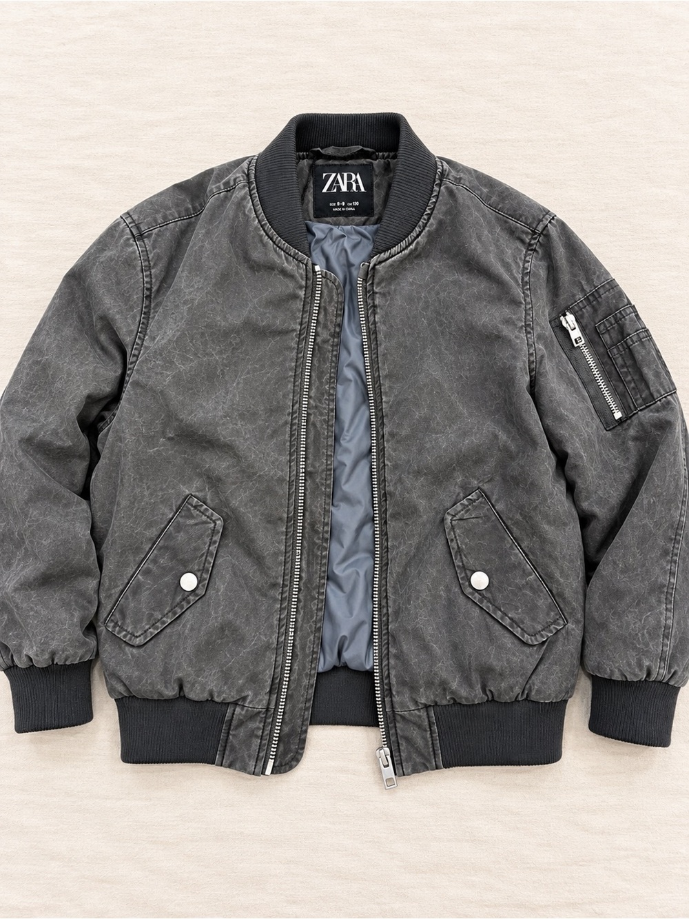Zara Kids Washed Gray MA-1 Bomber Jacket Size 8-9
